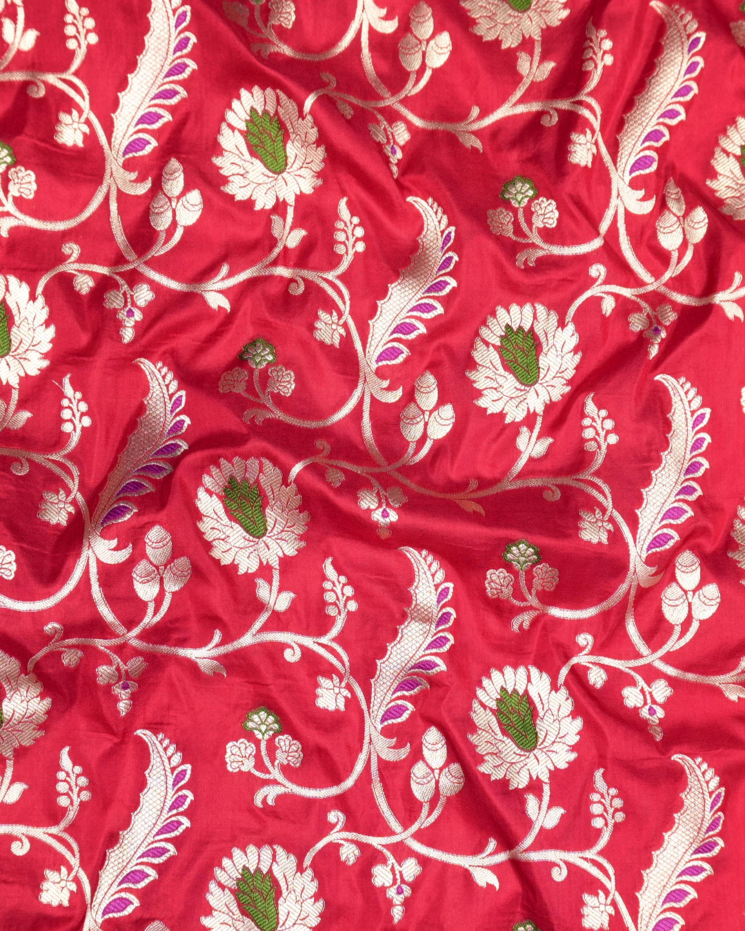Red Pure Katan Saree with Elegant Floral Meenakari Weaving