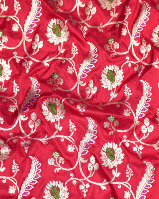 Red Pure Katan Saree with Elegant Floral Meenakari Weaving