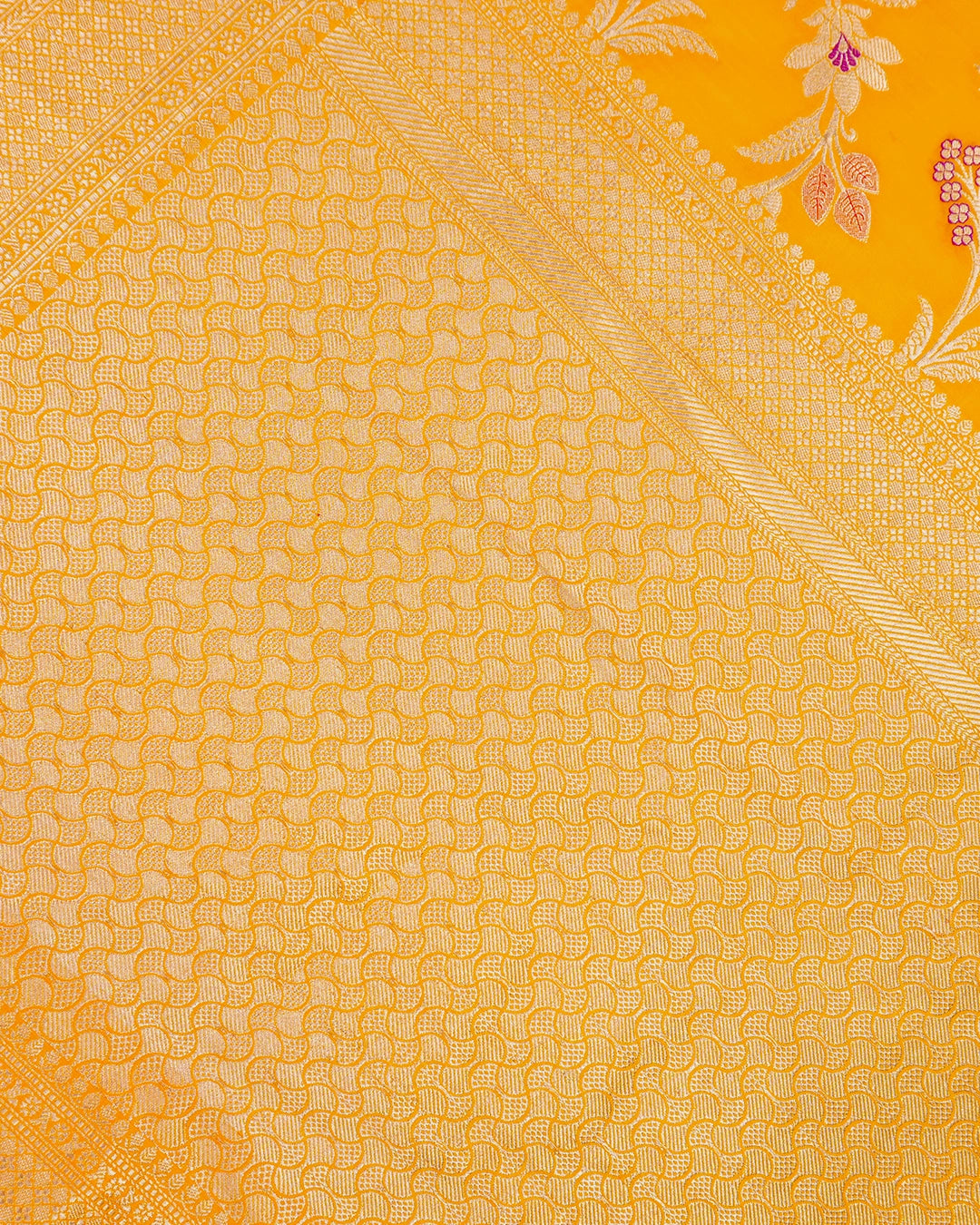 Yellow Pure Katan Saree with Meenakari Floral Jaal Weaves