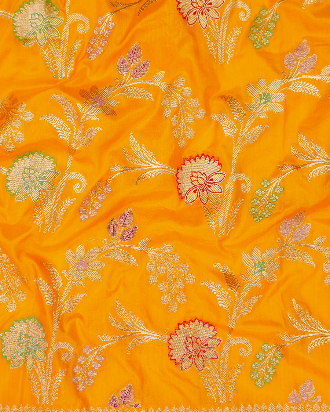 Yellow Pure Katan Saree with Meenakari Floral Jaal Weaves