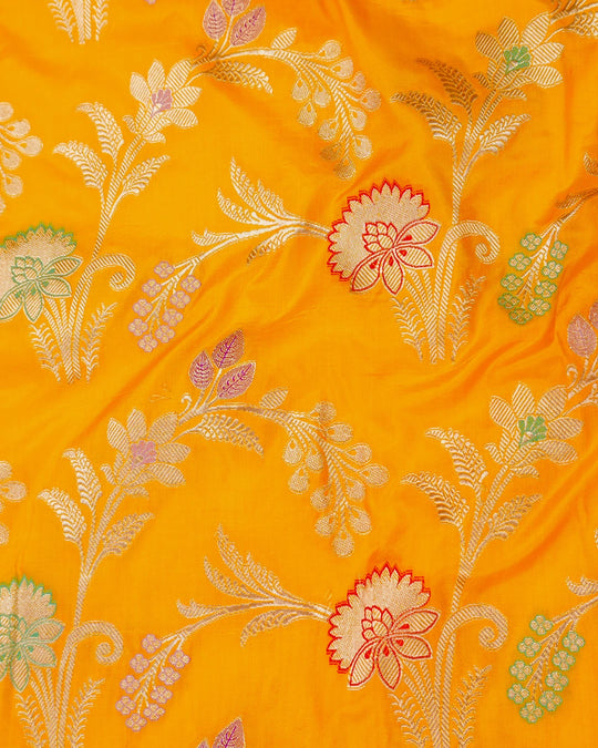 Yellow Pure Katan Saree with Meenakari Floral Jaal Weaves