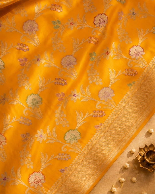 Yellow Pure Katan Saree with Meenakari Floral Jaal Weaves