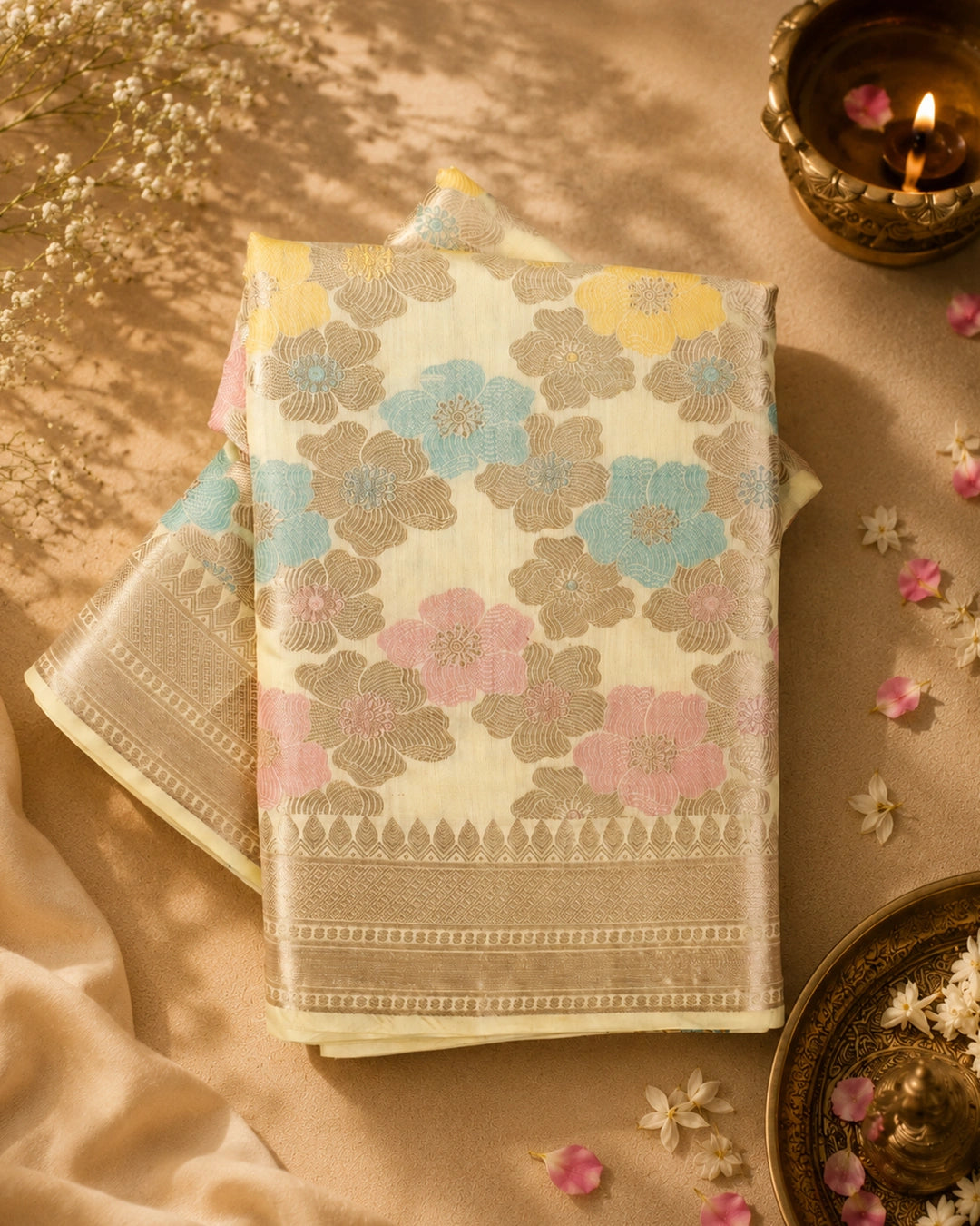 Ivory Cream Rangkat Pure Banarasi with Pastel Floral Meenakari Jaal Weaving