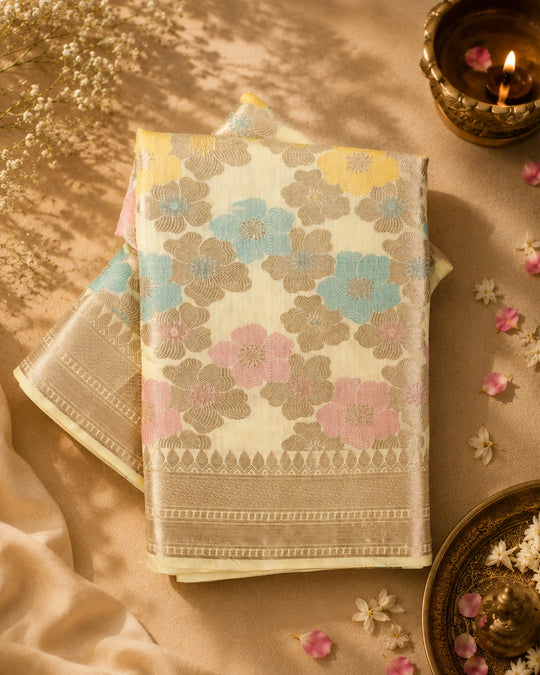 Ivory Cream Rangkat Pure Banarasi with Pastel Floral Meenakari Jaal Weaving