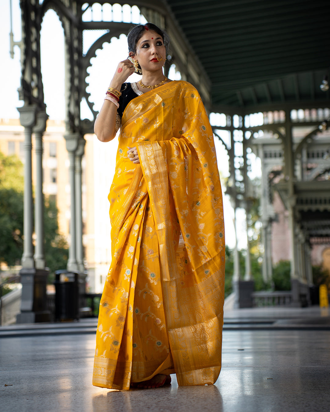 Mustard Banarasi Silk Saree With Meenakari Floral Pattern