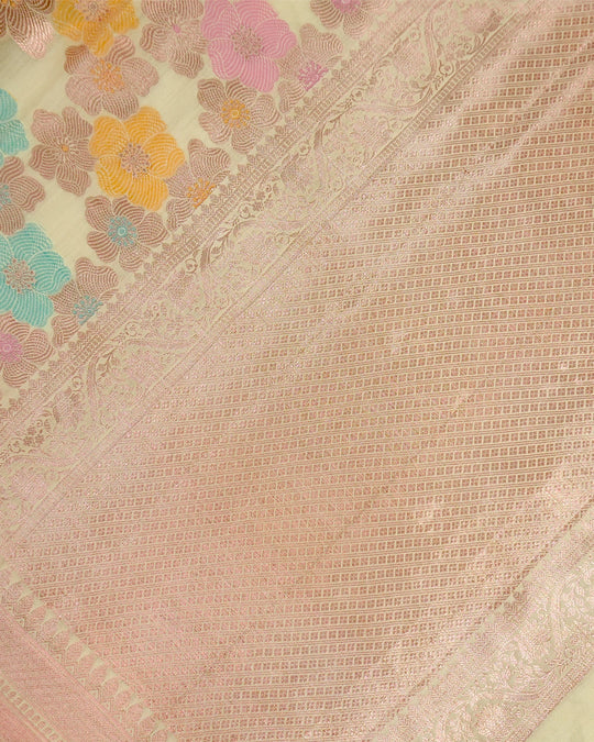 Ivory Cream Rangkat Pure Banarasi with Pastel Floral Meenakari Jaal Weaving