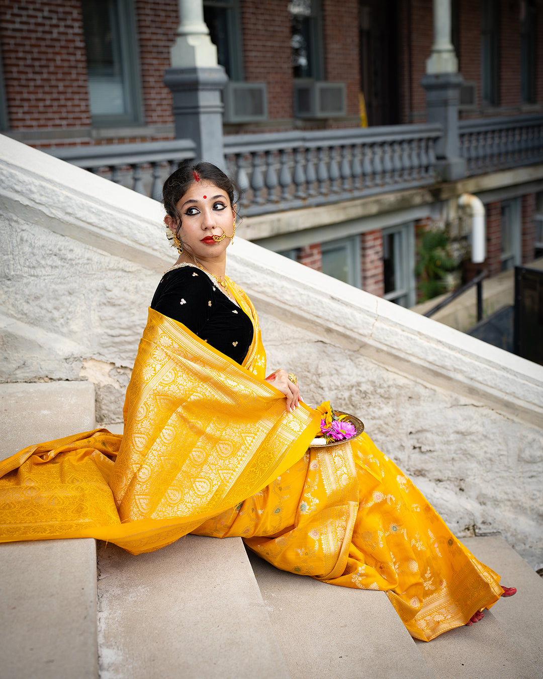 Mustard Banarasi Silk Saree With Meenakari Floral Pattern