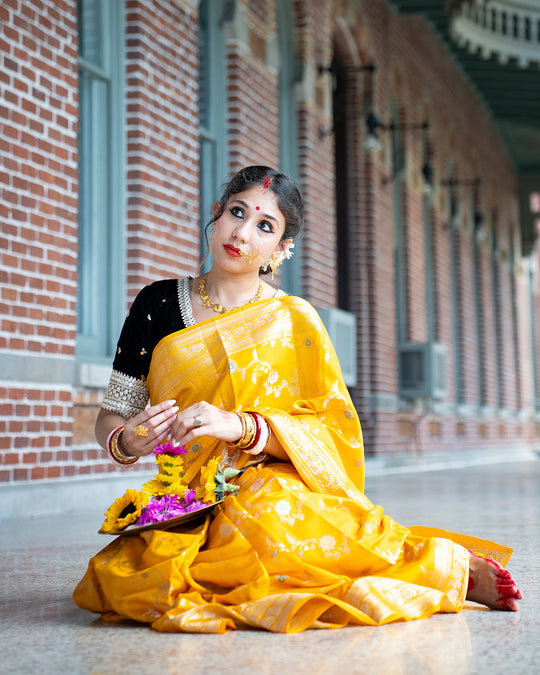 Mustard Banarasi Silk Saree With Meenakari Floral Pattern