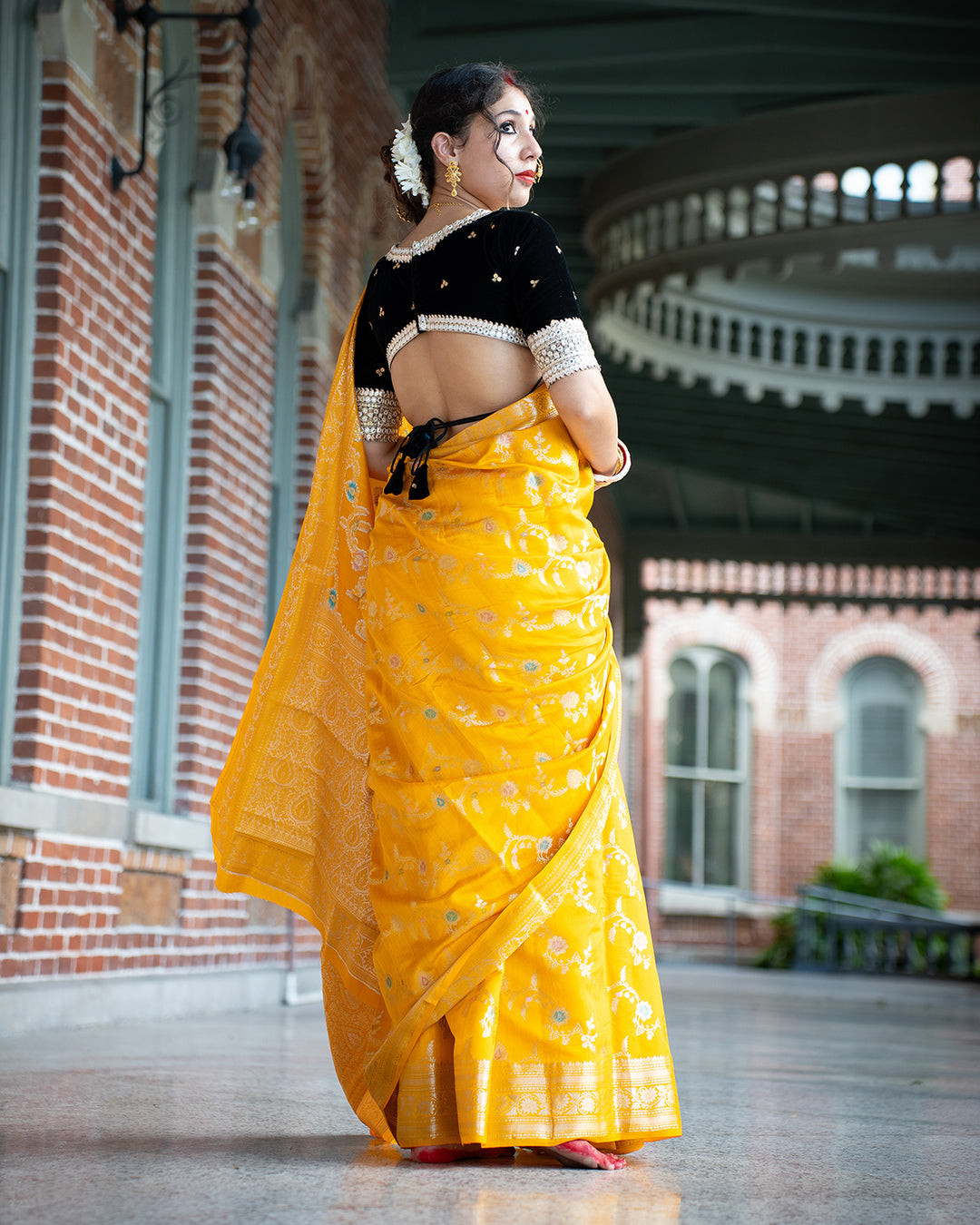 Mustard Banarasi Silk Saree With Meenakari Floral Pattern