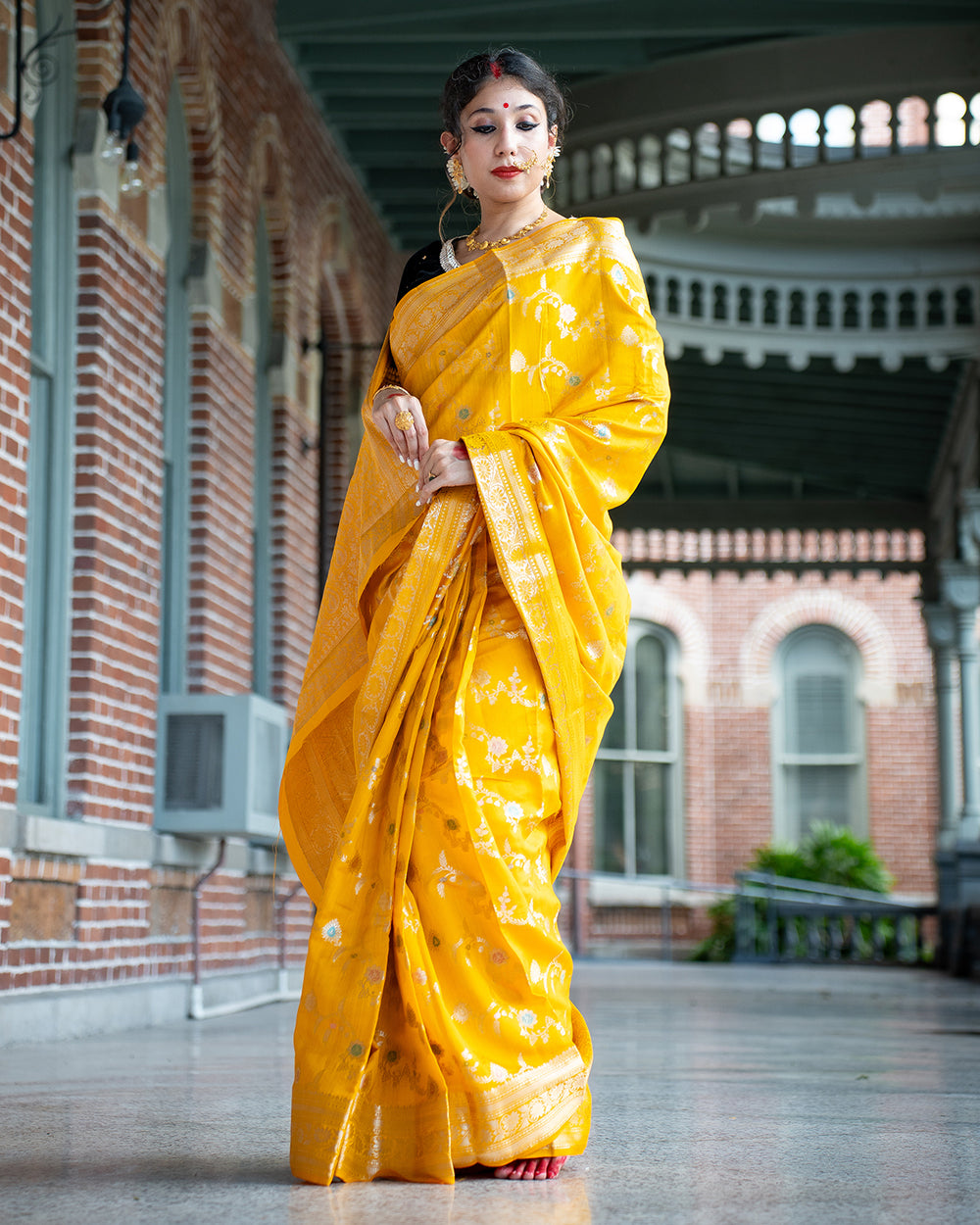 Mustard Banarasi Silk Saree With Meenakari Floral Pattern