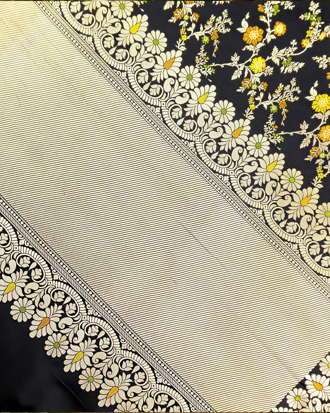 Black Pure Katan Silk Dupatta with Floral Zari Weaves