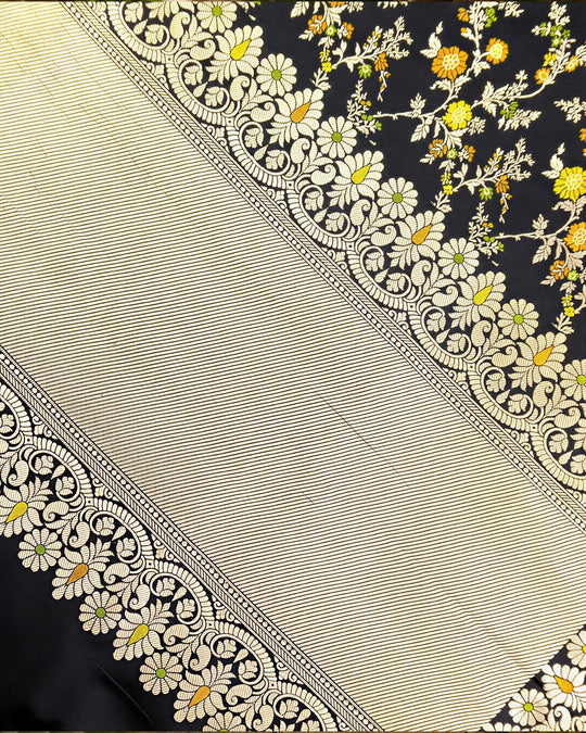 Black Pure Katan Silk Dupatta with Floral Zari Weaves
