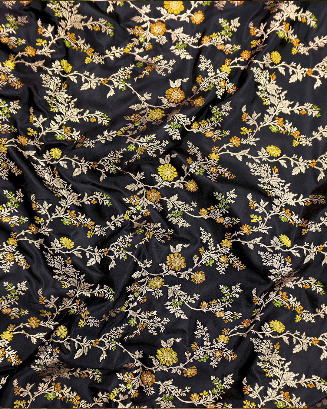 Black Pure Katan Silk Dupatta with Floral Zari Weaves