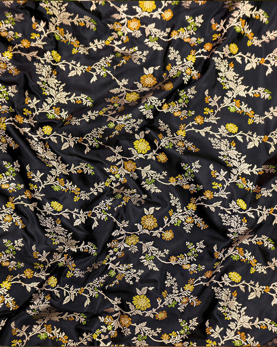 Black Pure Katan Silk Dupatta with Floral Zari Weaves