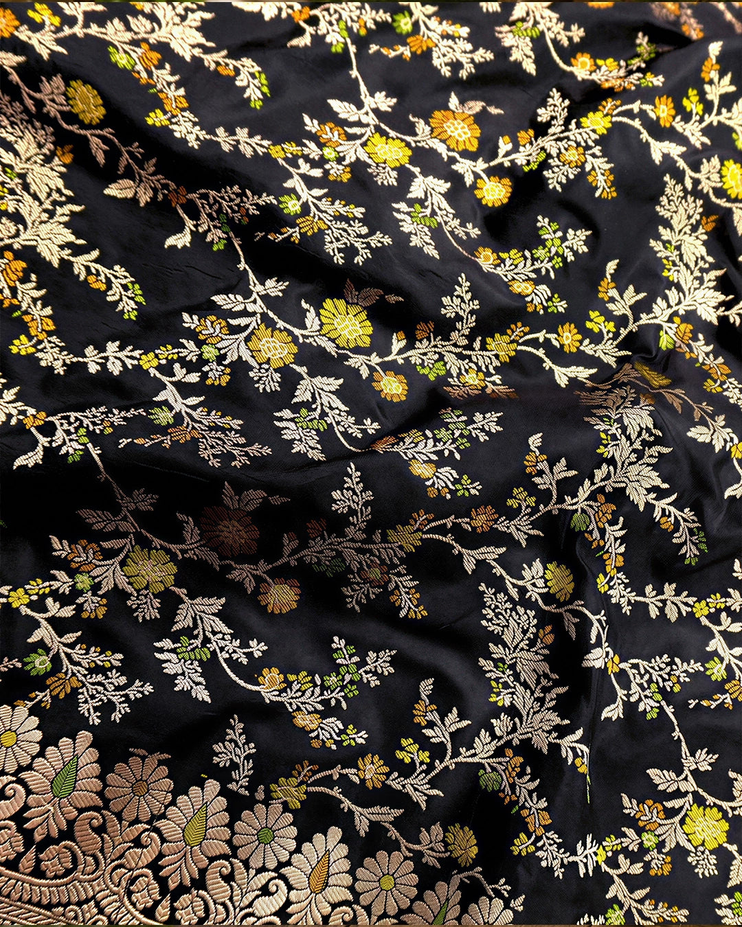 Black Pure Katan Silk Dupatta with Floral Zari Weaves