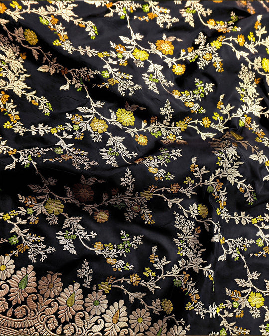 Black Pure Katan Silk Dupatta with Floral Zari Weaves