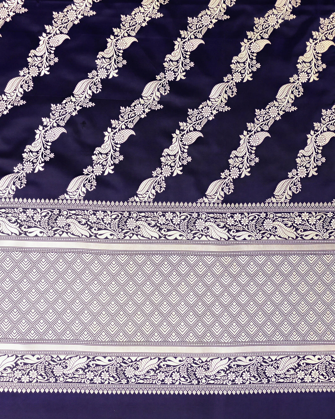 Royal Navy Pure Katan Dupatta with Diagonal Floral Zari Bel Weaving