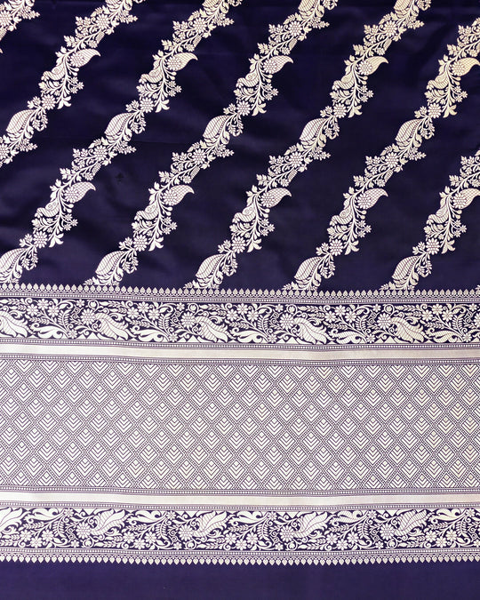Royal Navy Pure Katan Dupatta with Diagonal Floral Zari Bel Weaving