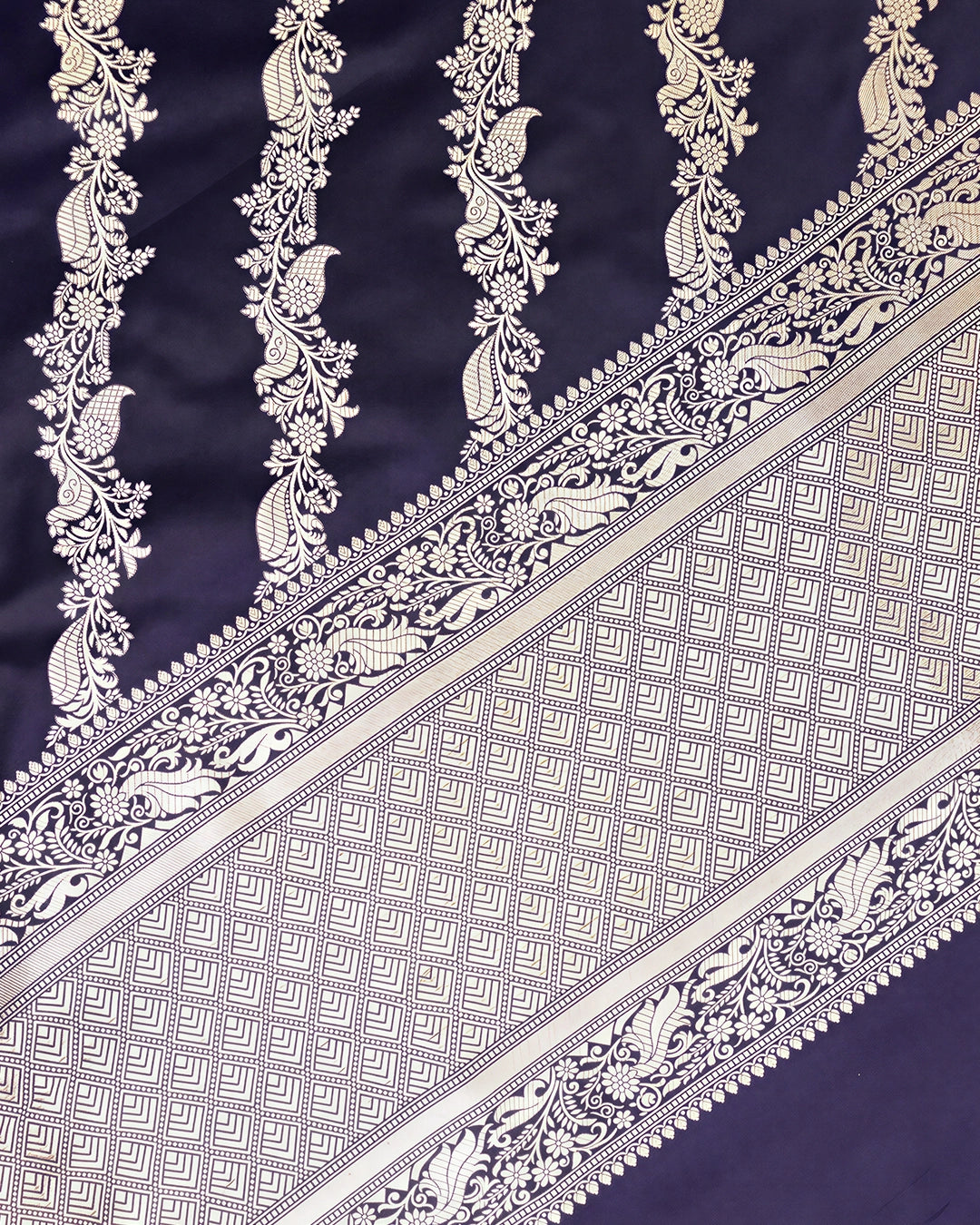 Royal Navy Pure Katan Dupatta with Diagonal Floral Zari Bel Weaving