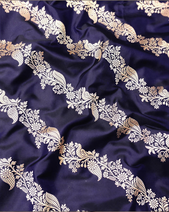 Royal Navy Pure Katan Dupatta with Diagonal Floral Zari Bel Weaving