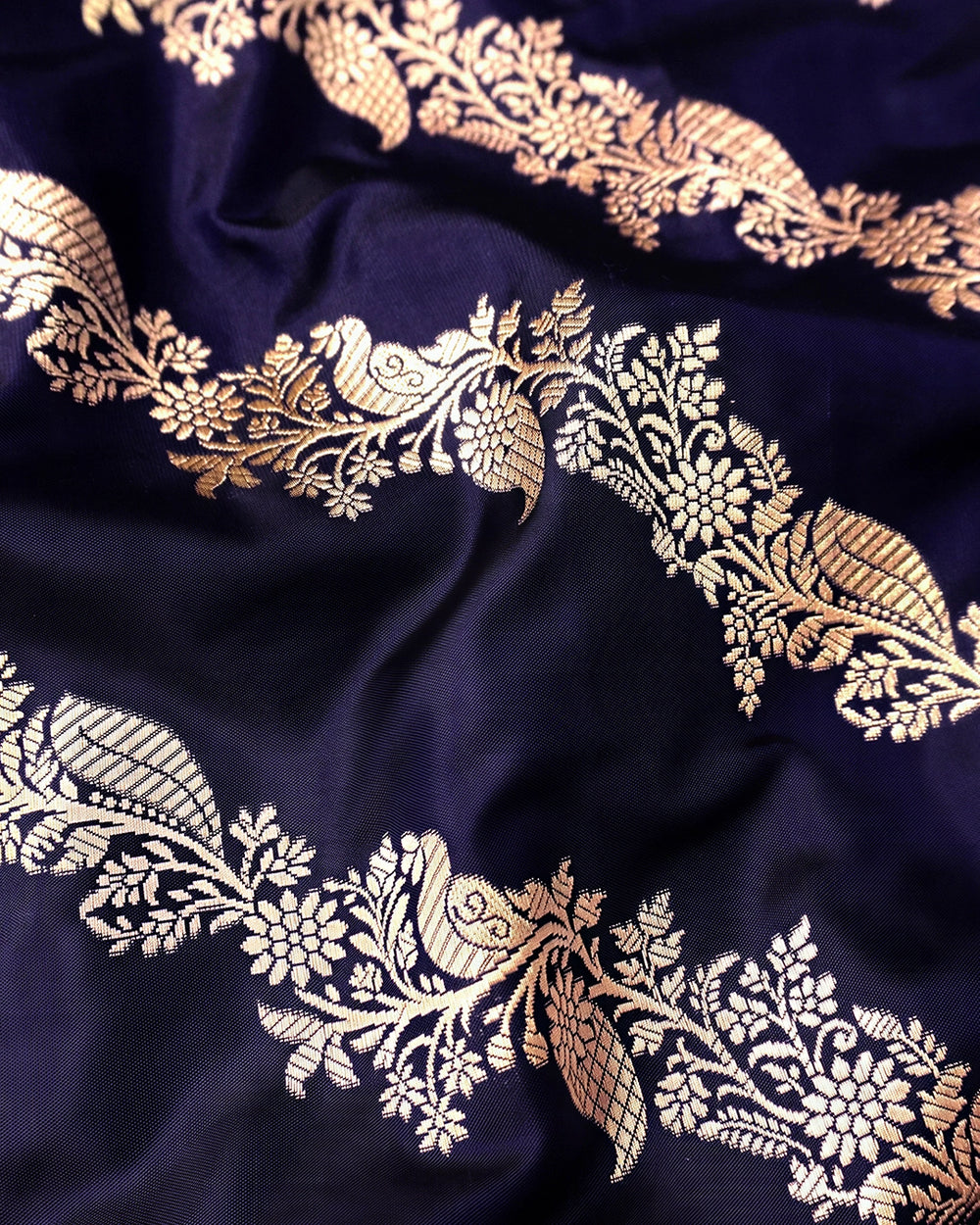 Royal Navy Pure Katan Dupatta with Diagonal Floral Zari Bel Weaving