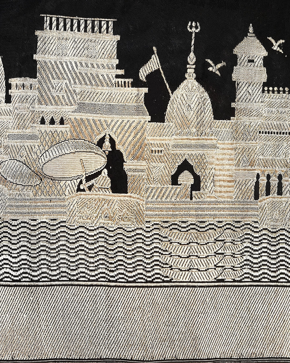 Black Pure Katan Dupatta with Heritage Kashi Skyline Weaving