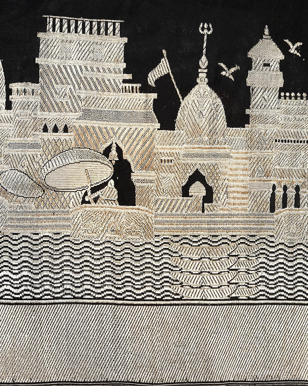 Black Pure Katan Dupatta with Heritage Kashi Skyline Weaving