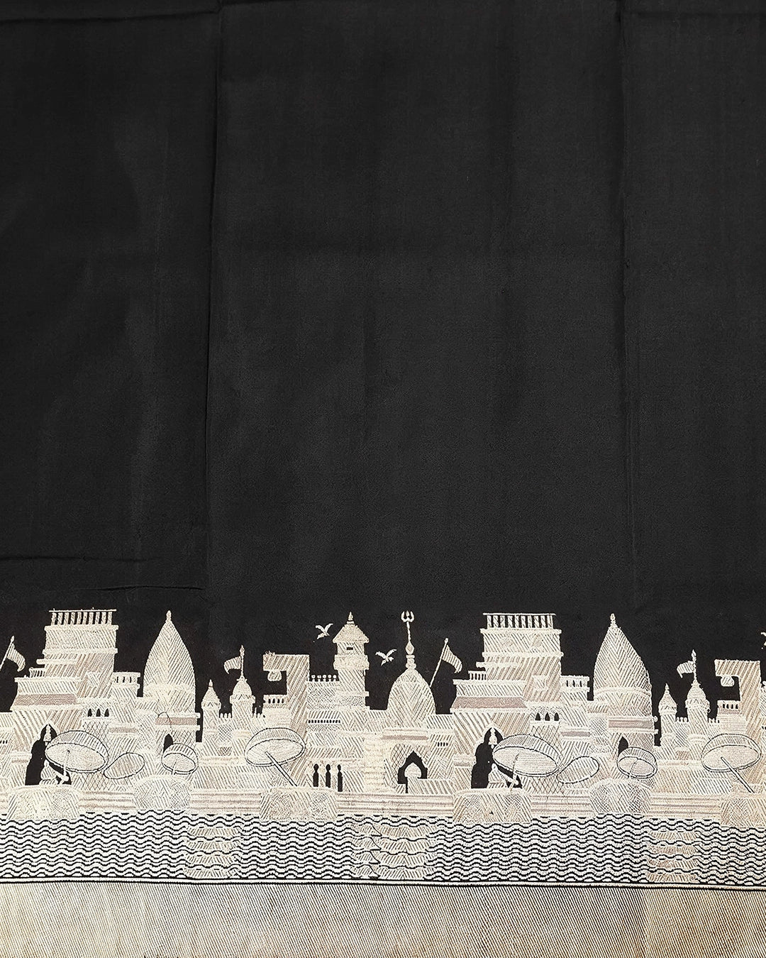 Black Pure Katan Dupatta with Heritage Kashi Skyline Weaving