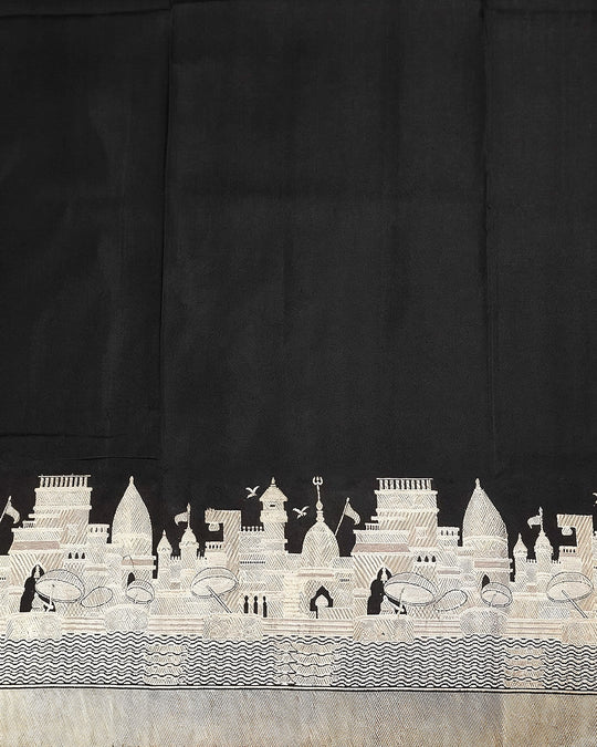 Black Pure Katan Dupatta with Heritage Kashi Skyline Weaving