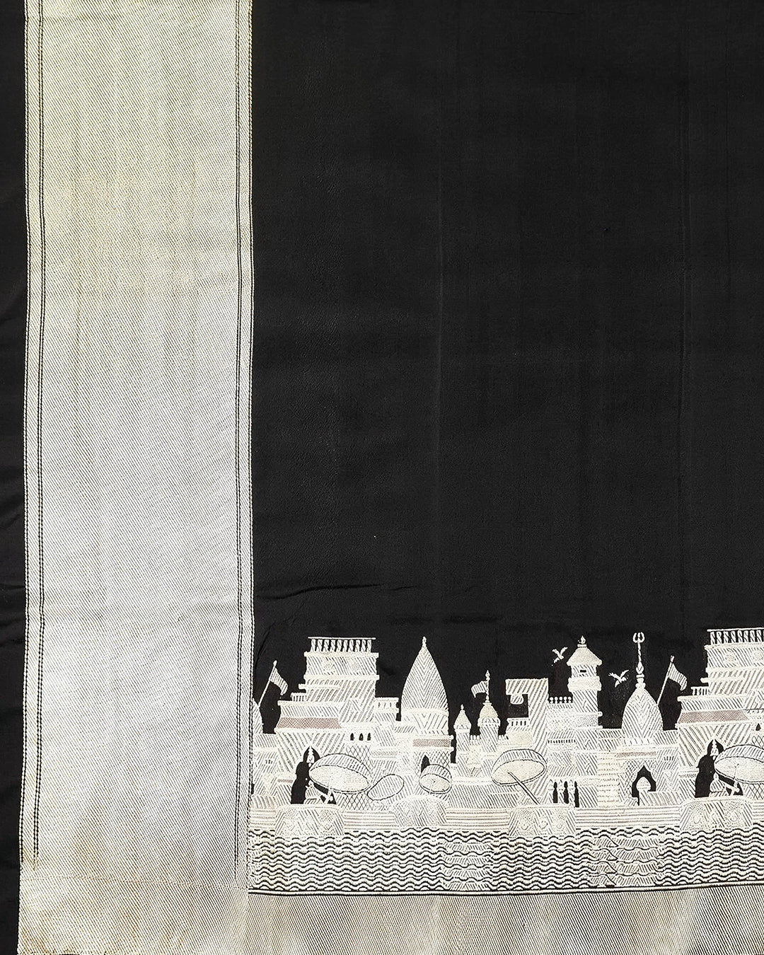 Black Pure Katan Dupatta with Heritage Kashi Skyline Weaving