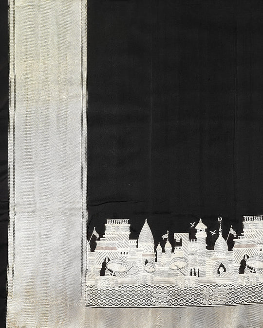 Black Pure Katan Dupatta with Heritage Kashi Skyline Weaving