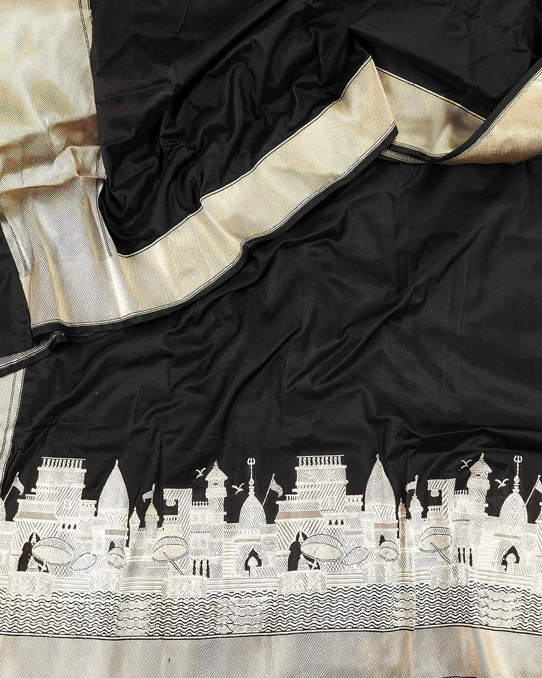 Black Pure Katan Dupatta with Heritage Kashi Skyline Weaving