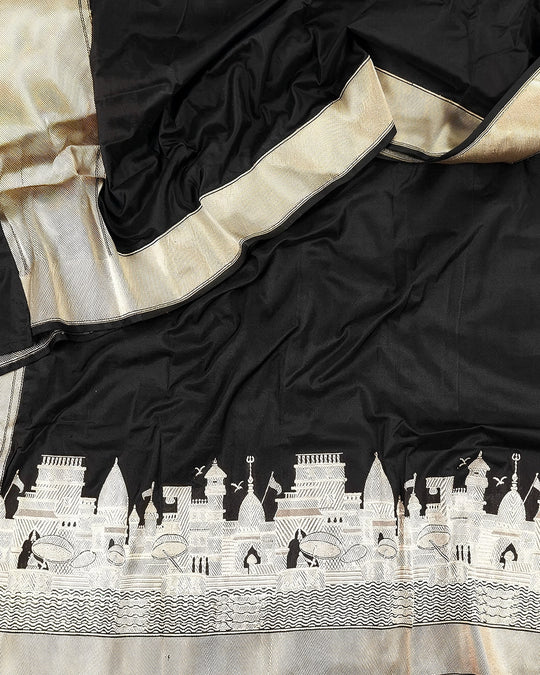 Black Pure Katan Dupatta with Heritage Kashi Skyline Weaving