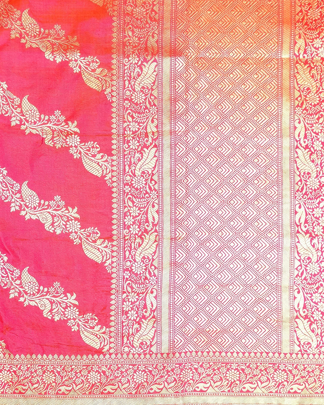 Rosette Coral Dual Shade Pure Katan Dupatta with Peacock Floral Weaving
