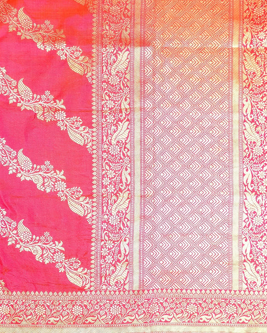 Rosette Coral Dual Shade Pure Katan Dupatta with Peacock Floral Weaving