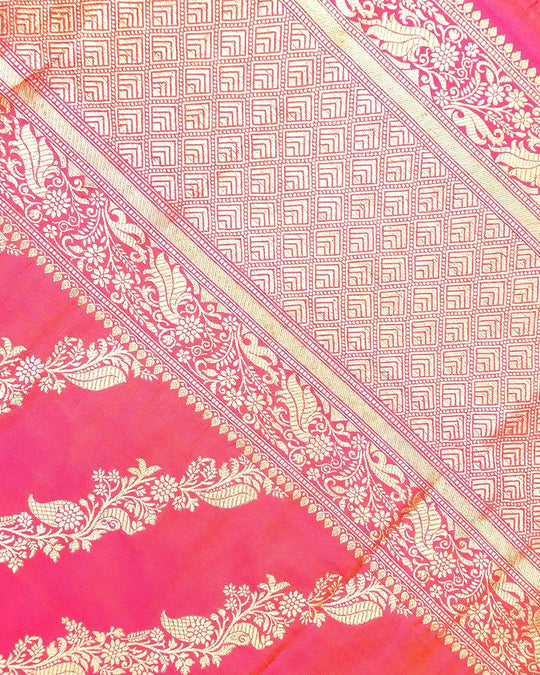 Rosette Coral Dual Shade Pure Katan Dupatta with Peacock Floral Weaving