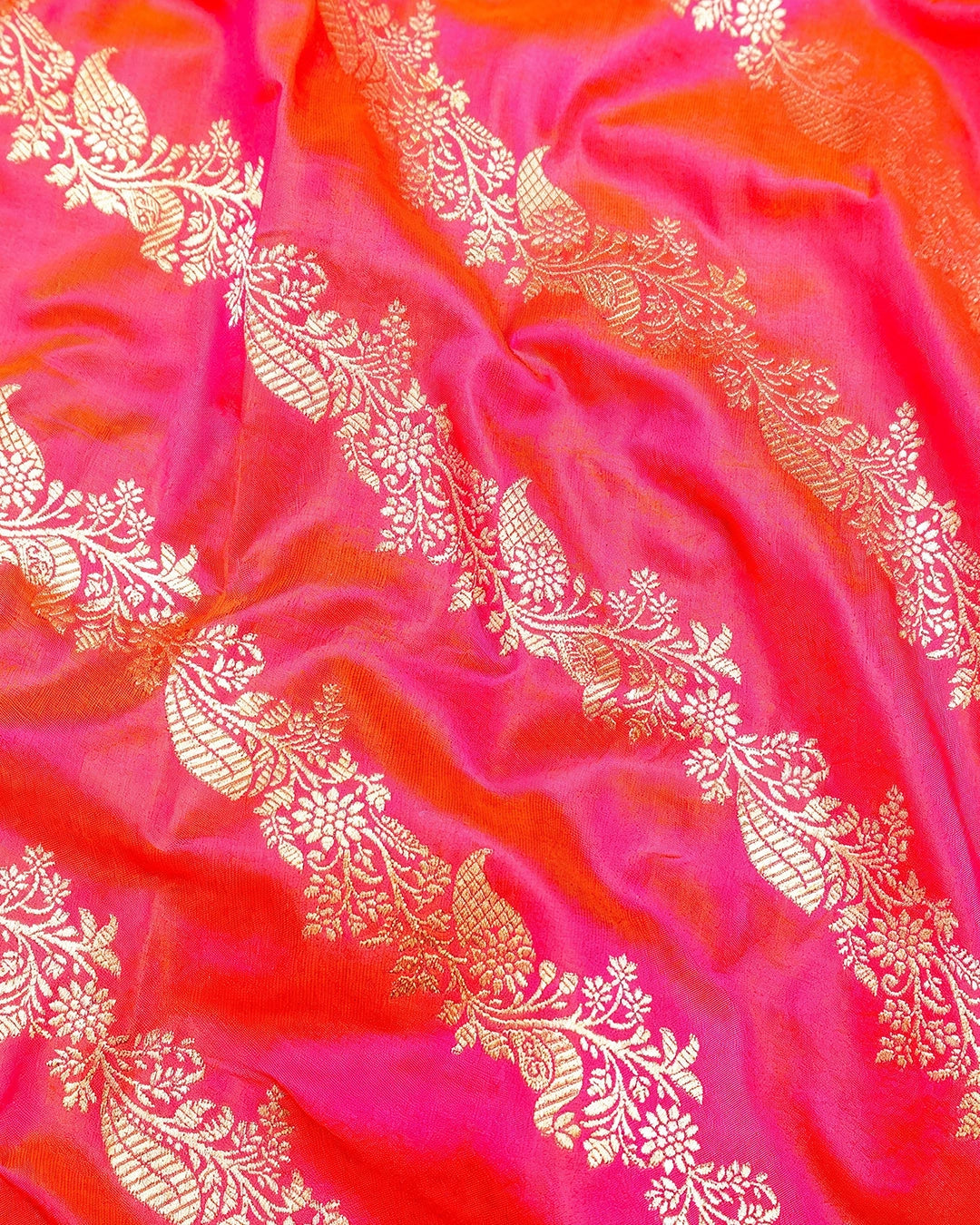Rosette Coral Dual Shade Pure Katan Dupatta with Peacock Floral Weaving