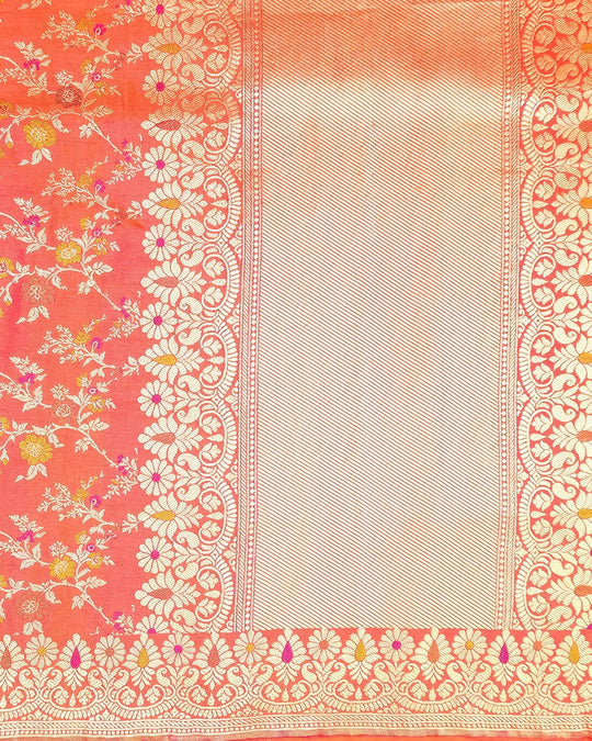 Coral Orange Pure Katan Dupatta with Meenakari Floral Jaal Weaving