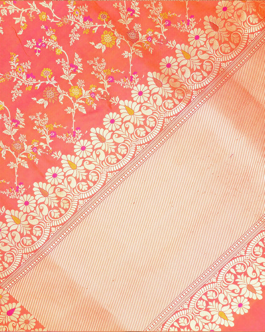 Coral Orange Pure Katan Dupatta with Meenakari Floral Jaal Weaving