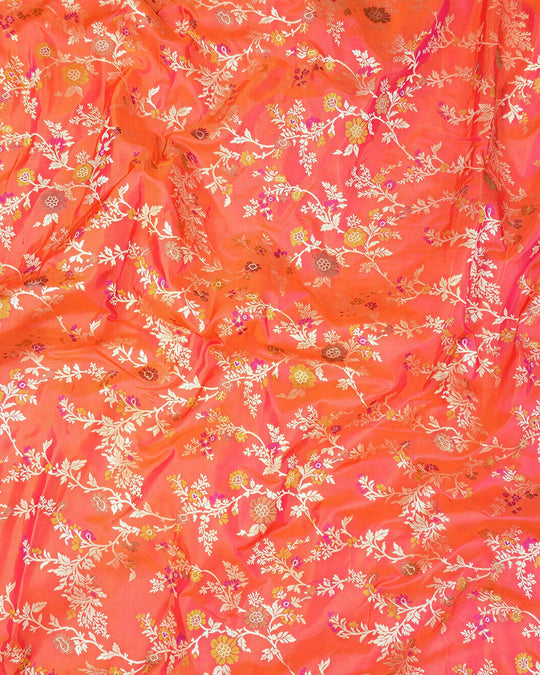 Coral Orange Pure Katan Dupatta with Meenakari Floral Jaal Weaving