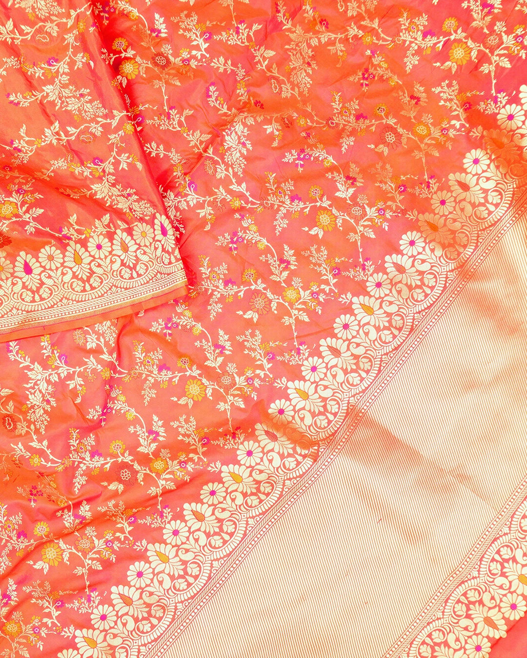 Coral Orange Pure Katan Dupatta with Meenakari Floral Jaal Weaving