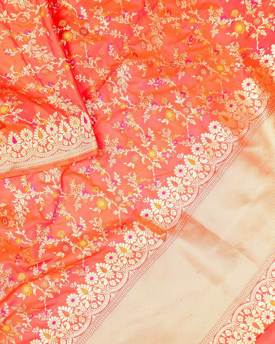 Coral Orange Pure Katan Dupatta with Meenakari Floral Jaal Weaving