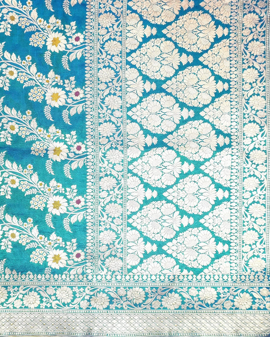 Teal Peacock Pure Katan Dupatta with Meenakari Floral Jaal Weaving