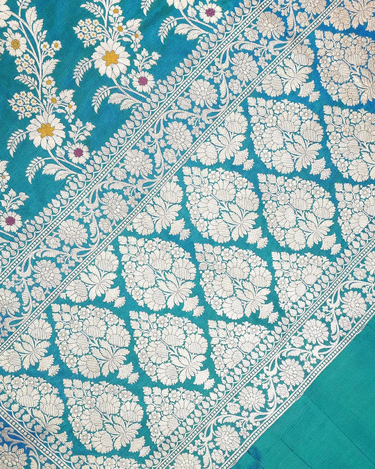 Teal Peacock Pure Katan Dupatta with Meenakari Floral Jaal Weaving