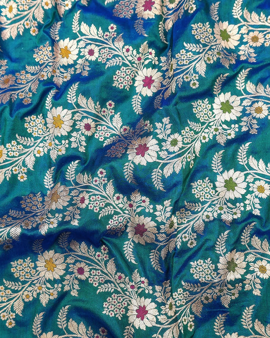 Teal Peacock Pure Katan Dupatta with Meenakari Floral Jaal Weaving