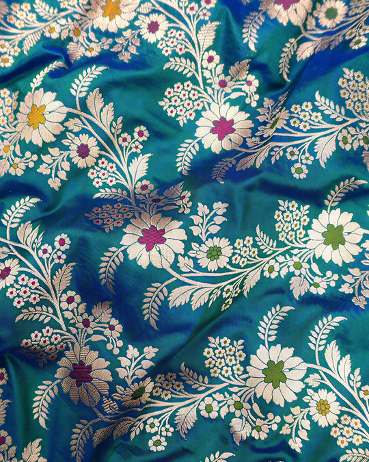 Teal Peacock Pure Katan Dupatta with Meenakari Floral Jaal Weaving