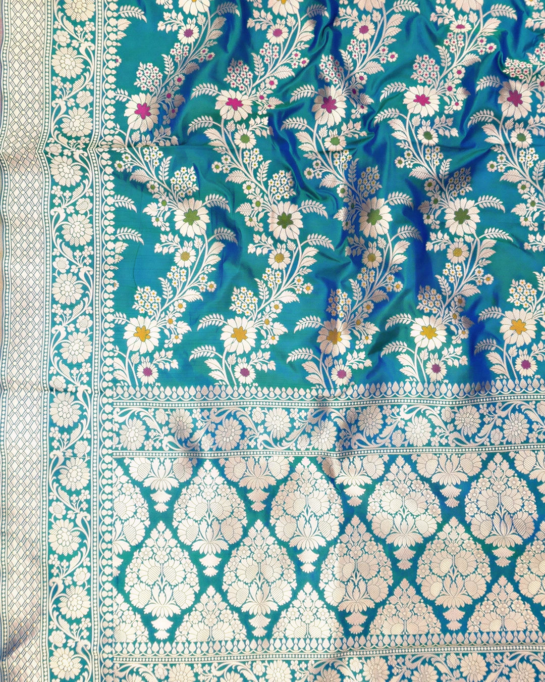 Teal Peacock Pure Katan Dupatta with Meenakari Floral Jaal Weaving