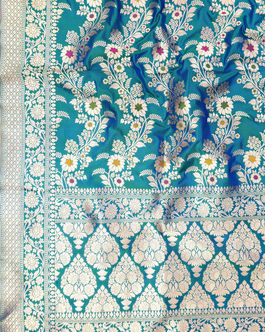 Teal Peacock Pure Katan Dupatta with Meenakari Floral Jaal Weaving