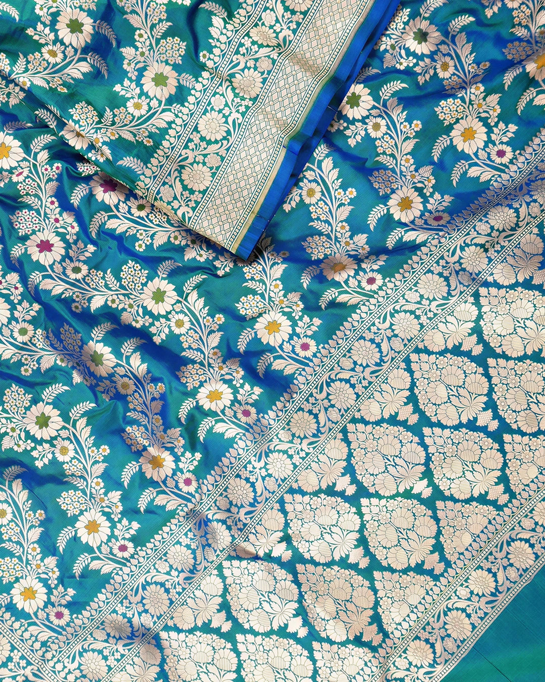 Teal Peacock Pure Katan Dupatta with Meenakari Floral Jaal Weaving