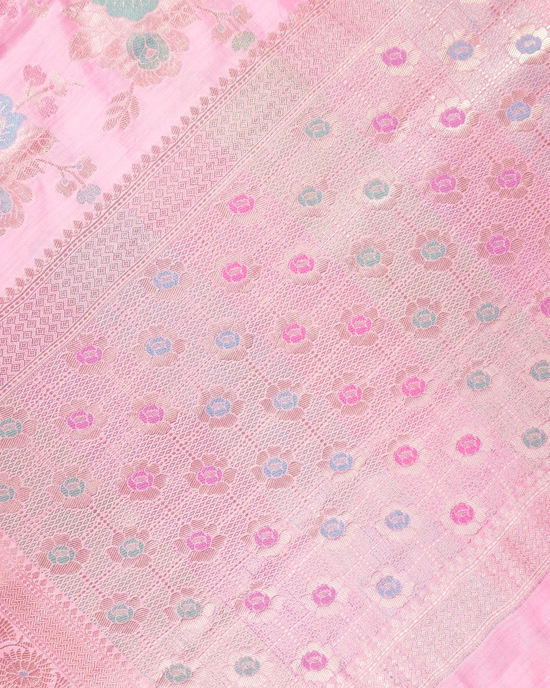 Pink Pure Banarasi Saree with Multicolour Floral Meenakari Weaving